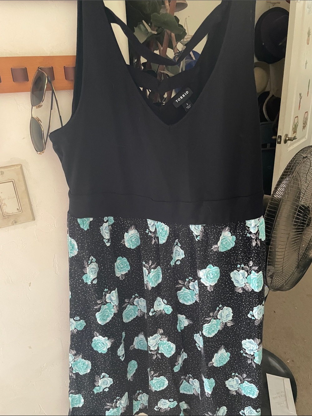 Torrid Black & Teal Floral Fit-and-Flare Dress with Crisscross Back